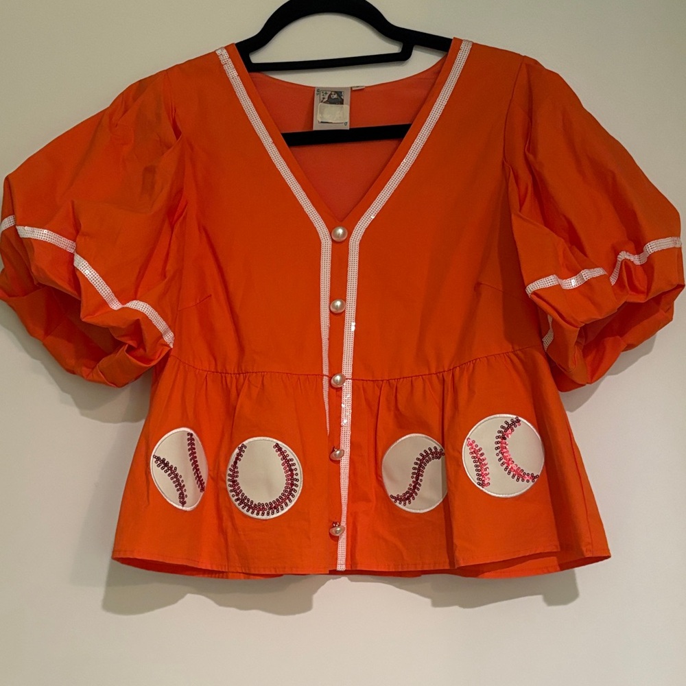 QUEEN OF SPARKLES Orange Baseball Button Down Shirt